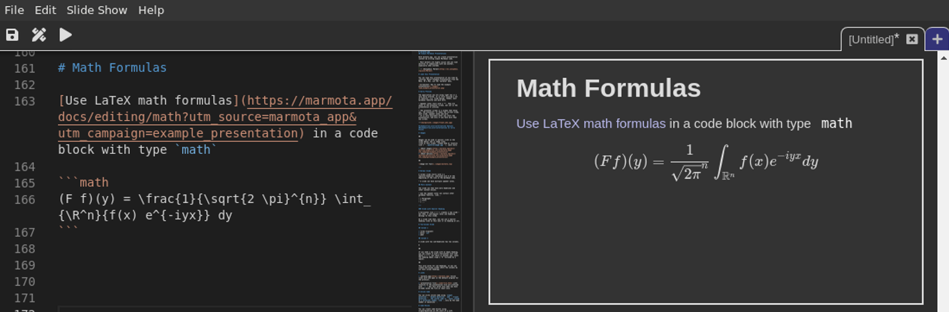Screenshot of marmota.app rendering LaTeX code as a math formula