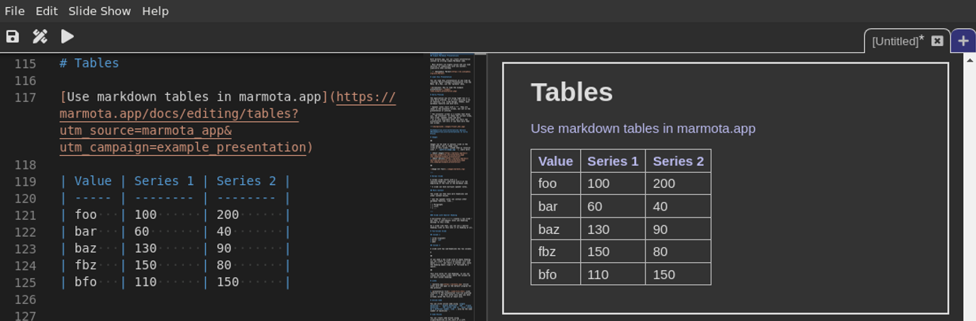 Screenshot of marmota.app rendering a markdown table