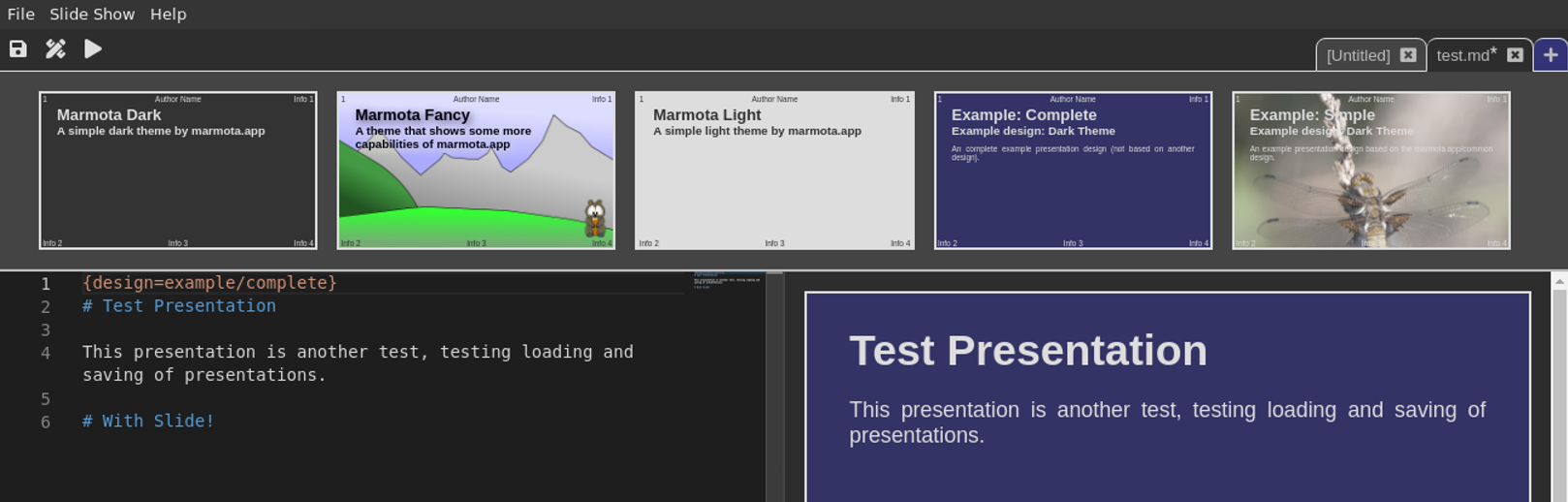 Screenshot: Selecting example designs that were stored with the presentation