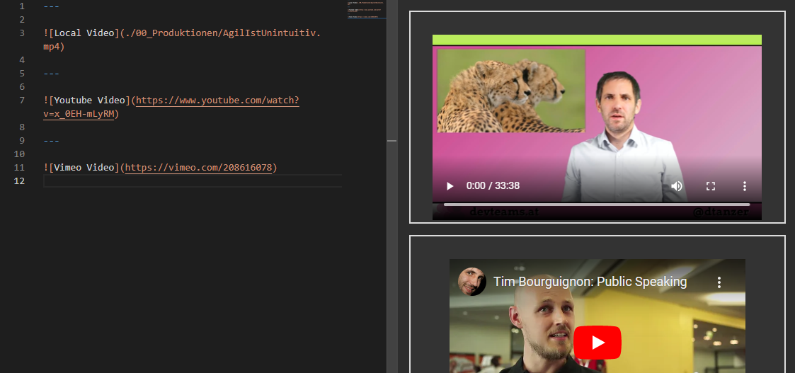 Editor with markdown referencing videos in image links and preview showing those videos in their slides